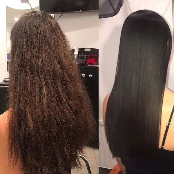 A before and after comparison of a person's hair. On the left, the hair is frizzy and unstyled. On the right, the hair is smooth, straightened, and shiny, indicating the results of a hair treatment. The setting appears to be a hair salon.
